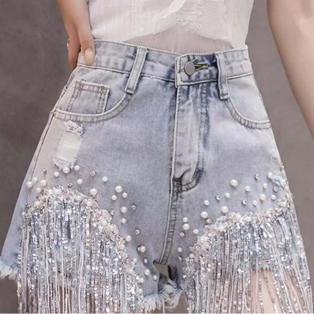 Studded Sequin Tassel Distressed - Fringe Embellished Denim Shorts- Size 3XL